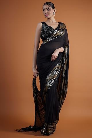 black chiffon sequins embroidered saree set