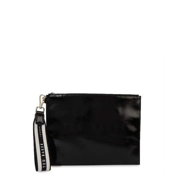 black clutch bag with webbing wrist strap