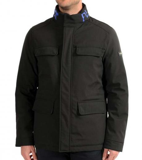 black concealed hood long sleeved jacket