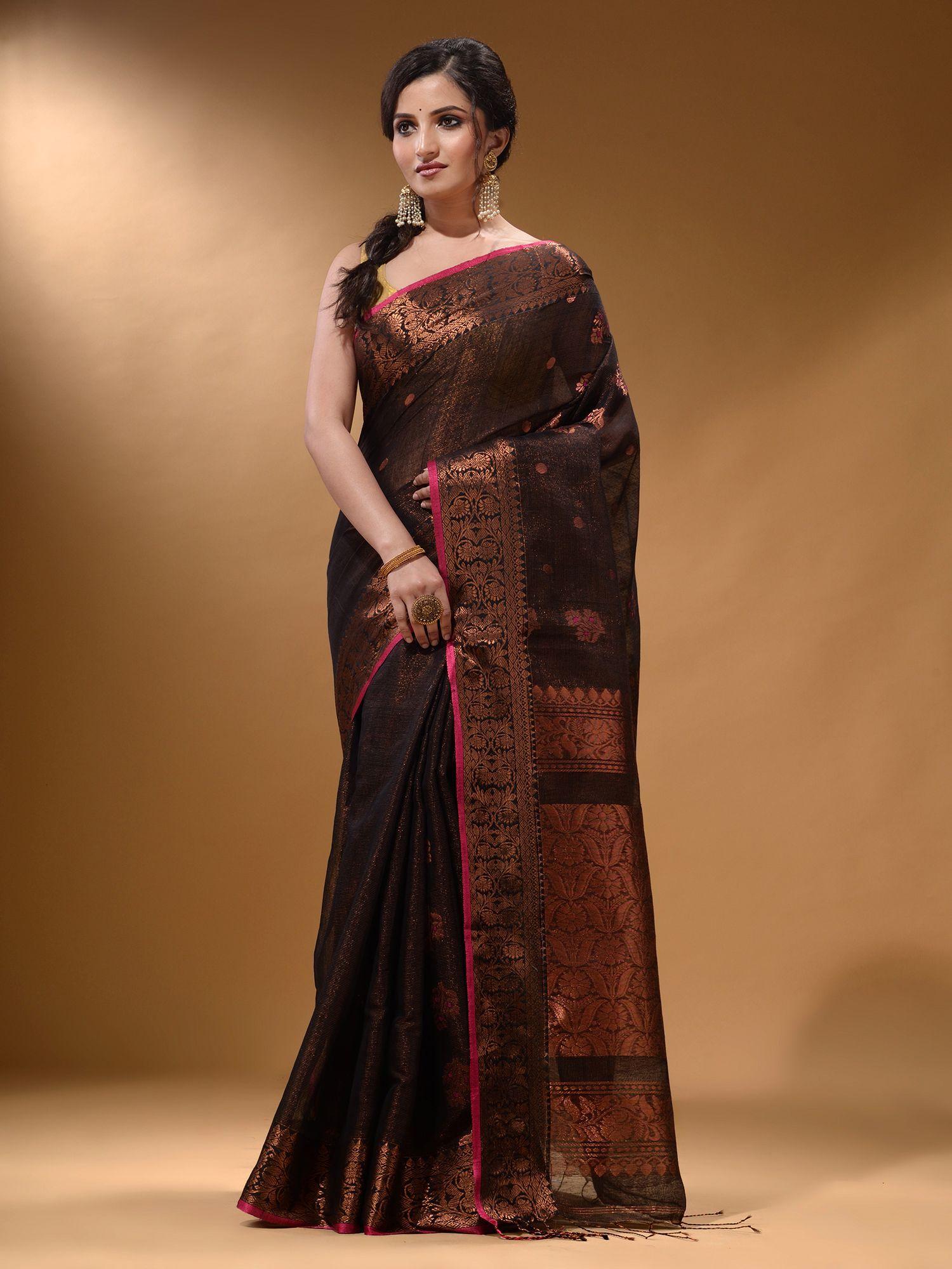 black cotton blend handwoven nakshi saree with unstitched blouse