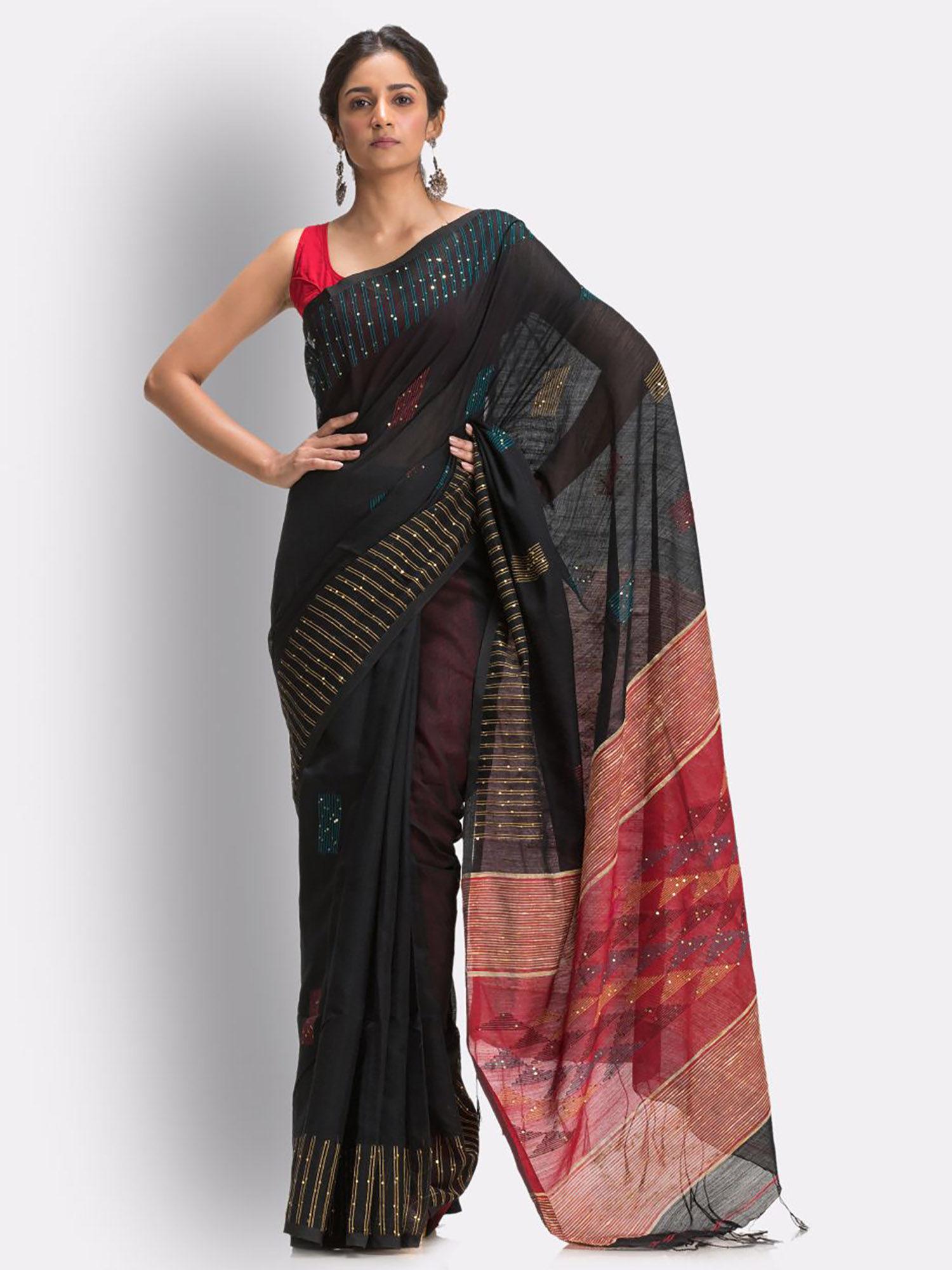 black cotton blended handloom jamdani saree with unstitched blouse