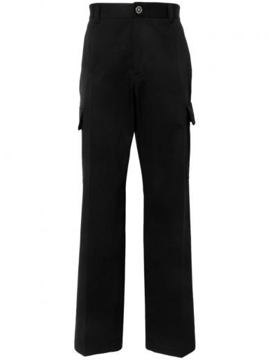 black cotton cargo pants with pockets and embroidery