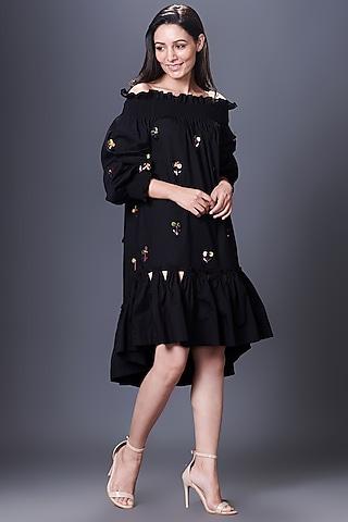 black cotton hand embroidered off-shoulder dress