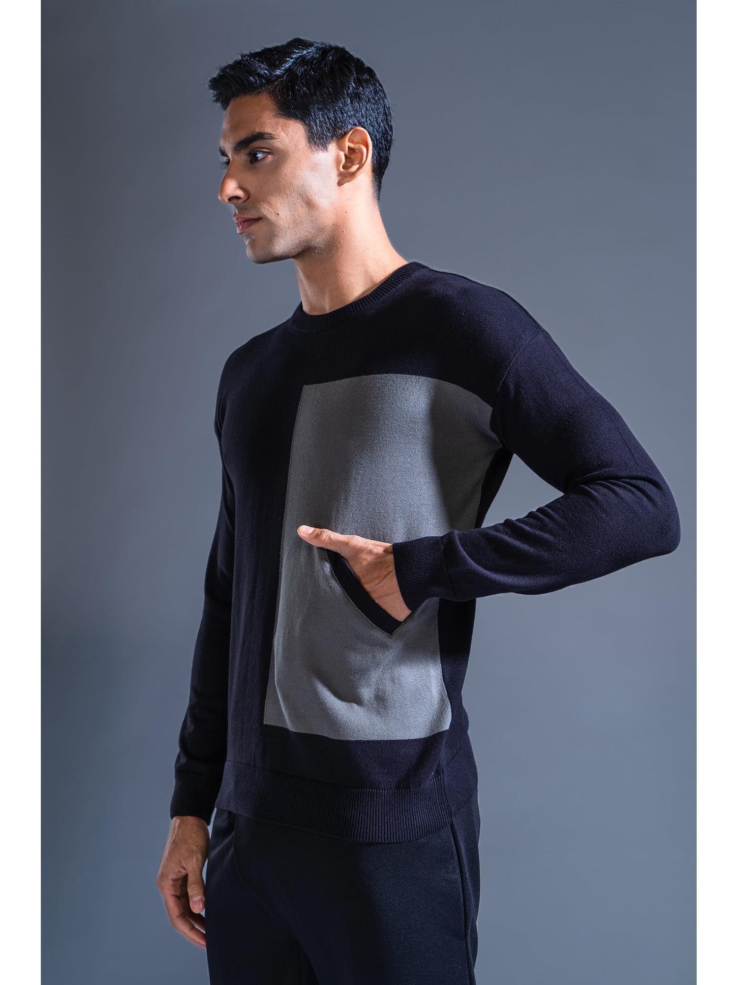 black cotton knit sweater asymmetrical pocket