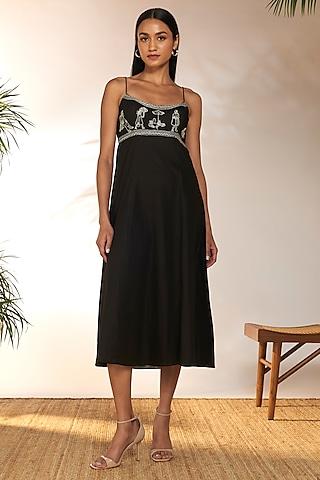 black cotton linen embroidered midi dress