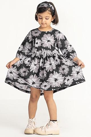 black cotton poplin floral printed dress for girls
