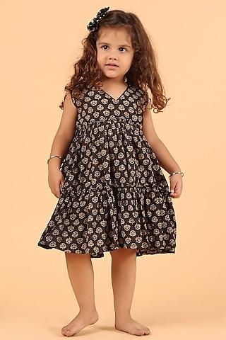 black cotton printed flared dress for girls