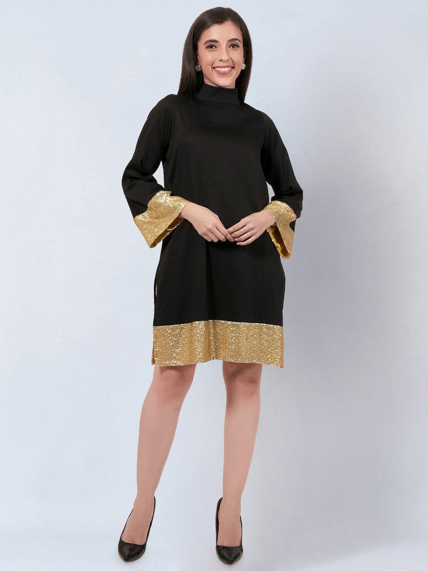 black cotton satin tunic dress with gold sequin border