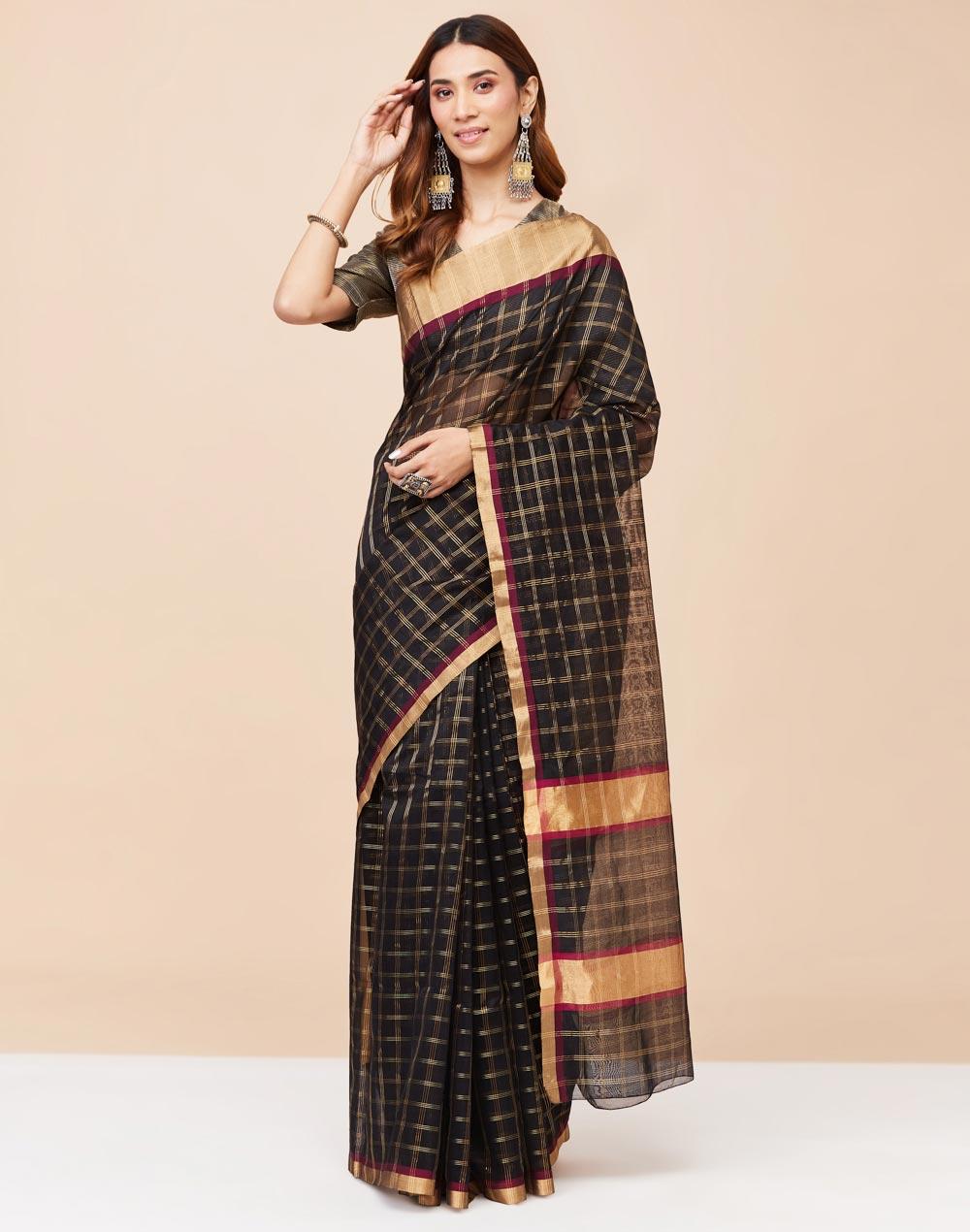 black cotton silk blend checks sari