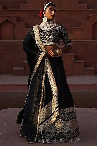 black cotton silk brocade & bengaluru zari embroidered lehenga set