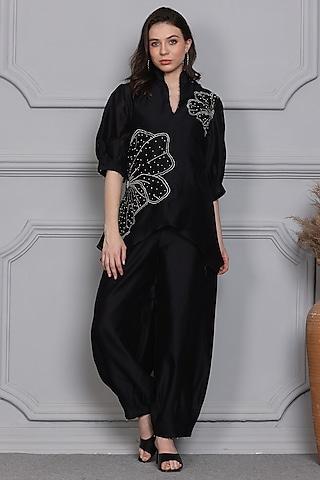 black-cotton-silk-chanderi-zari-embroidered-tunic-set