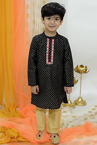 black cotton silk foil printed kurta set for boys