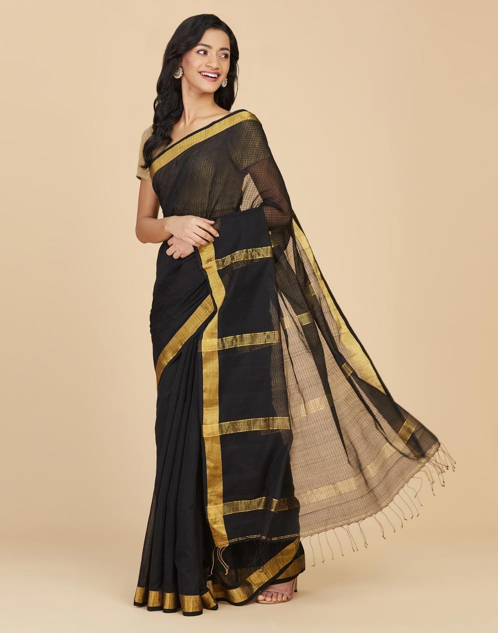 black cotton silk hand woven sari