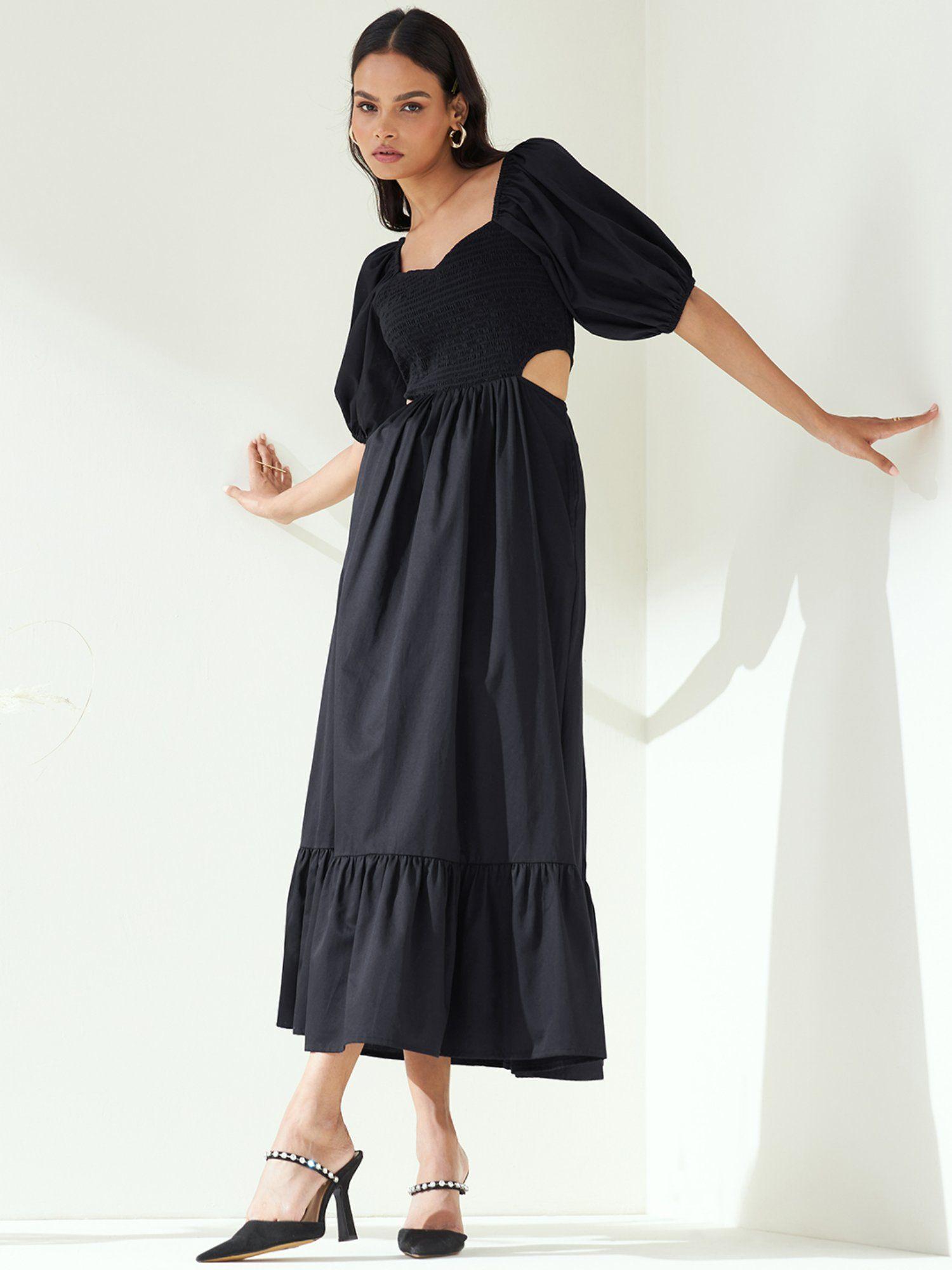 black cotton smocked cut out maxi dress