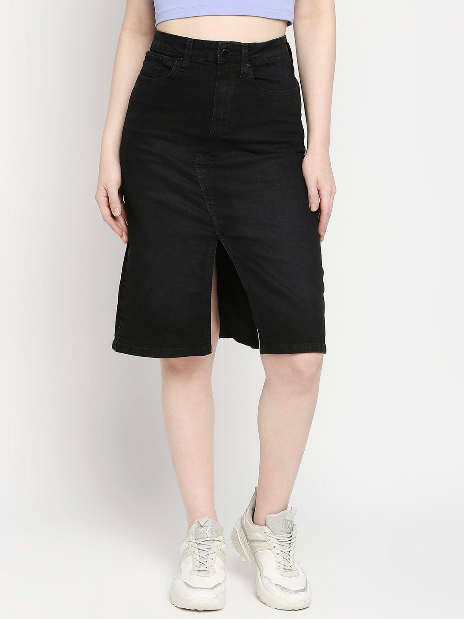black cotton straight fit regular length skirt for women (bella)