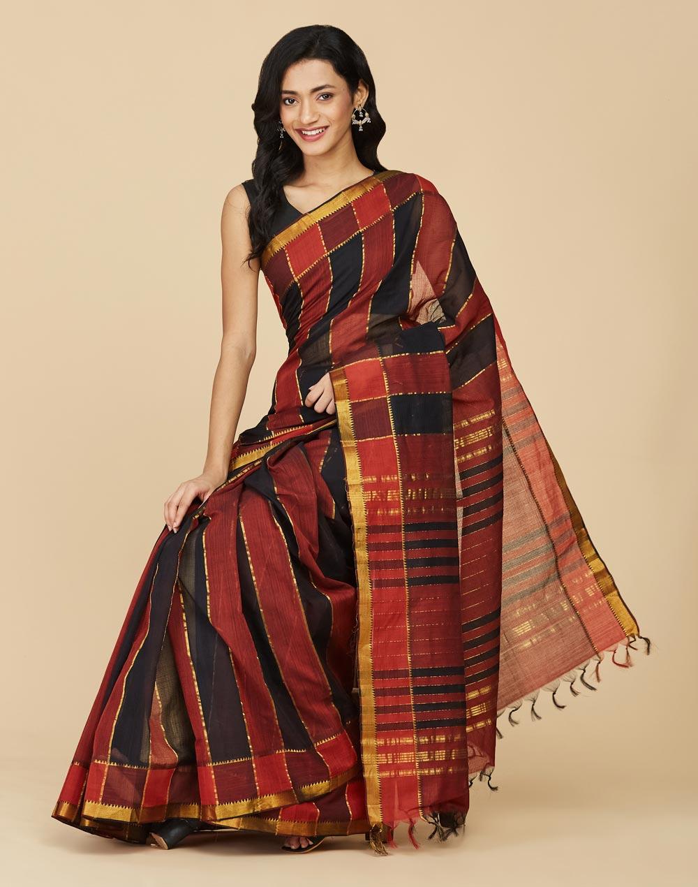 black cotton striped sari