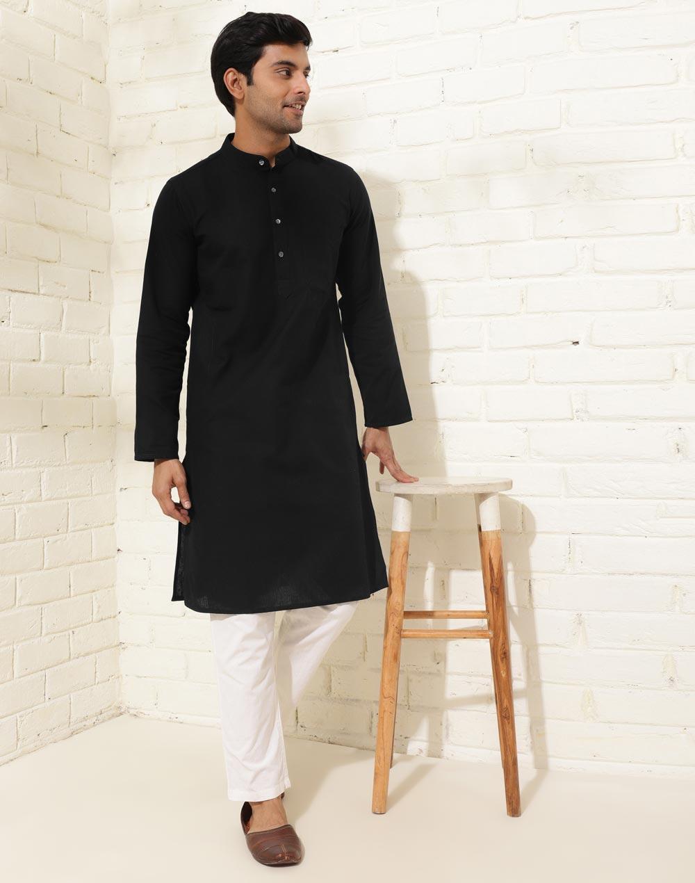 black cotton woven slim fit kurta long