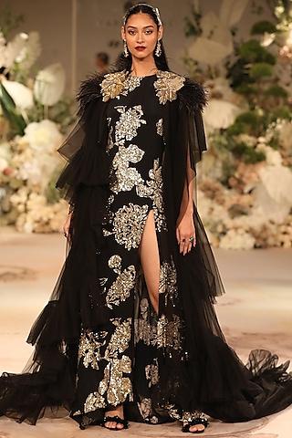 black crepe & georgette printed gown with cape
