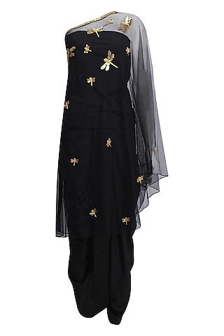 black dragonfly motifs one shoulder cape and dhoti pants set