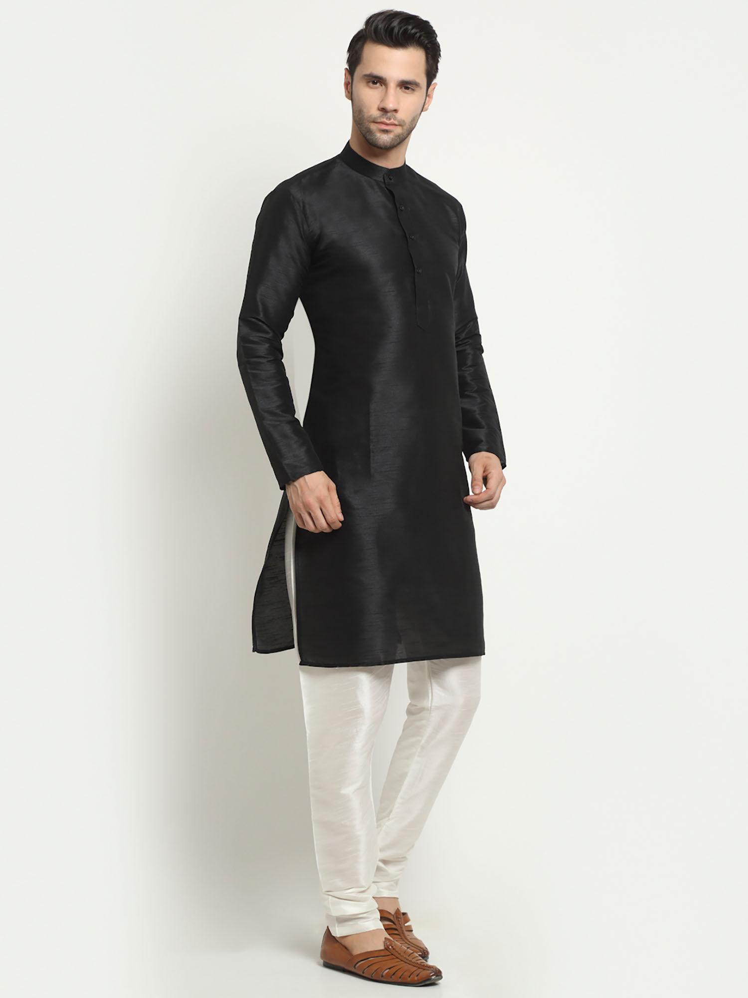 black dupion silk solid long kurta pajama set for men