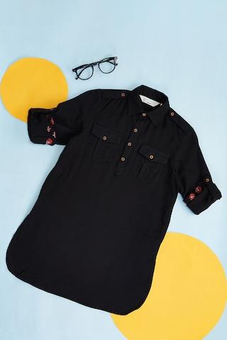 black embellished casual regular collar full sleeves calf-length boys regular fit kurta