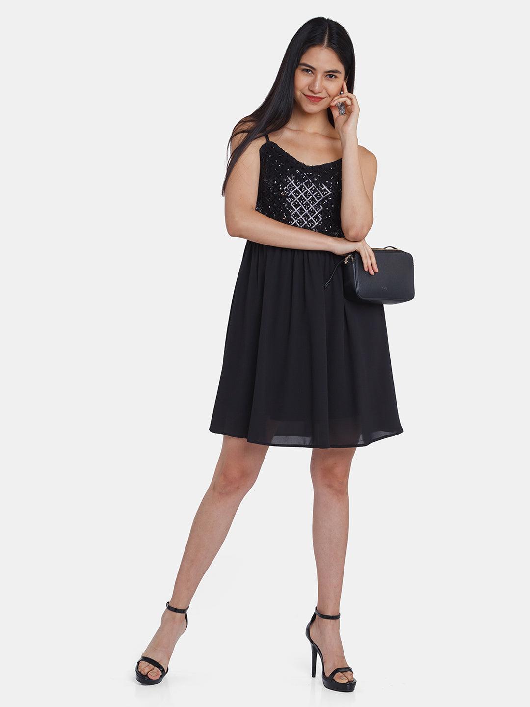 black embellished strappy short dress for women
