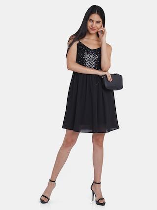 black embellished v neck party calf-length sleeveless women regular fit dress