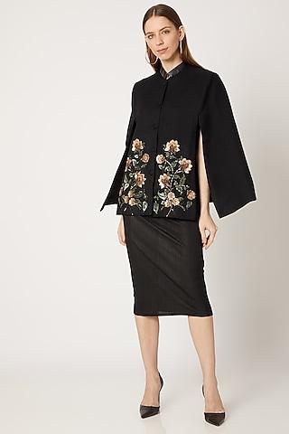 black embroidered cape with leather collar