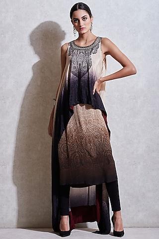 black embroidered cape with pants & beige inner