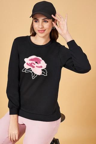 black embroidered casual full sleeves round neck women comfort fit  sweatshirt
