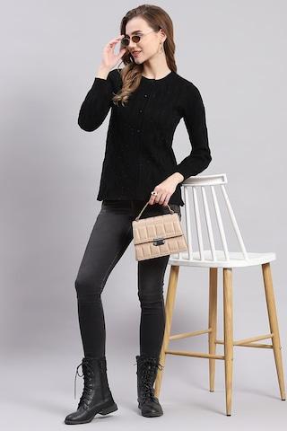 black embroidered casual full sleeves round neck women regular fit cardigan
