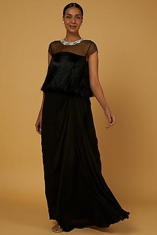black embroidered draped gown