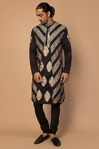 black embroidered kurta set with striped anchkan jacket