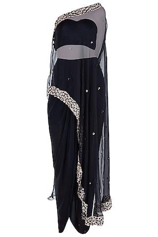 black embroidered one shoulder cape with bustier and palazzo pants