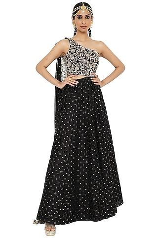 black embroidered one-shoulder gown