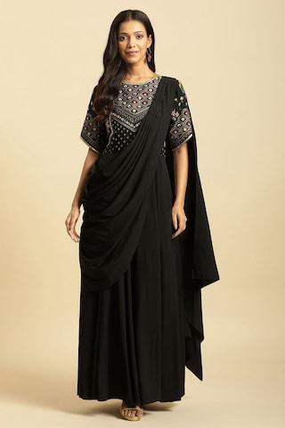 black embroidered polyester sari