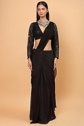 black embroidered pre-draped saree set