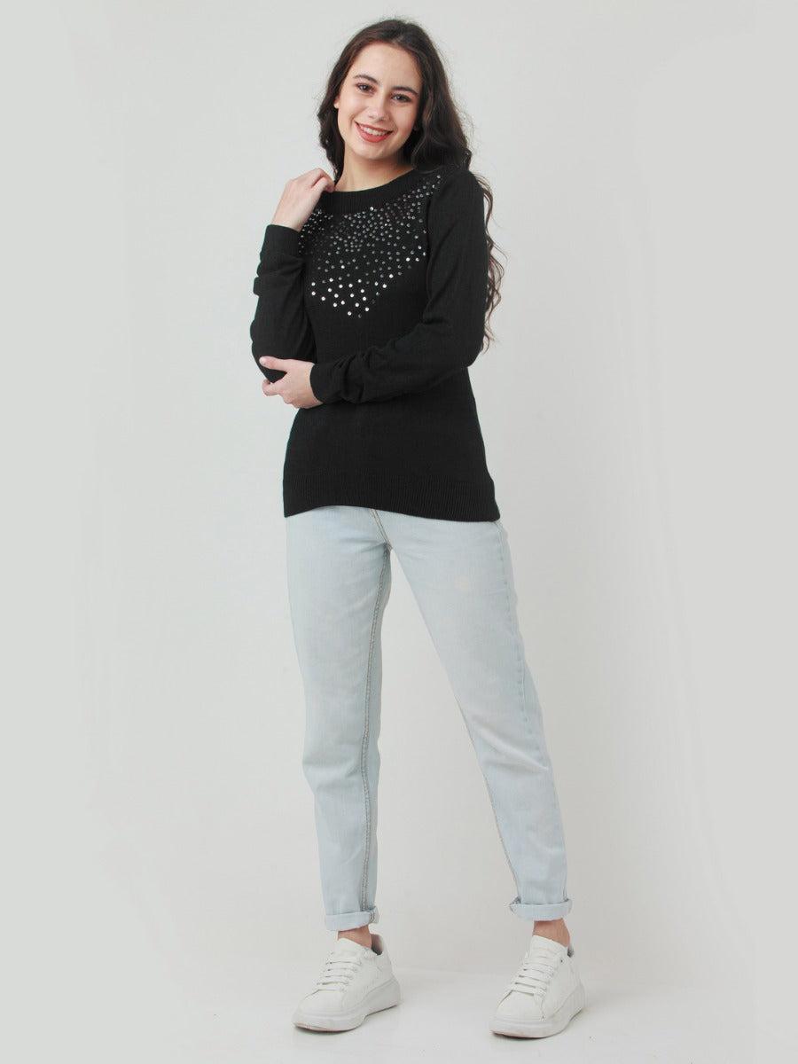 black embroidered straight sweater for women