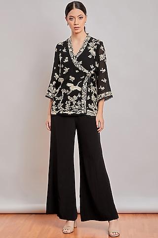 black embroidered wrap top