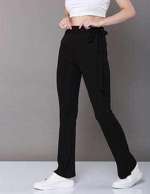 black fabric belt solid knit trousers