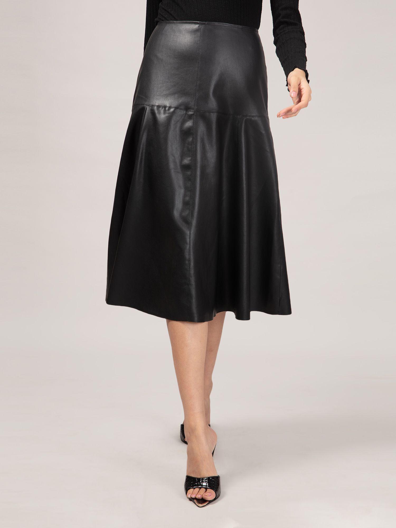 black fit and flare faux leather midi skirt