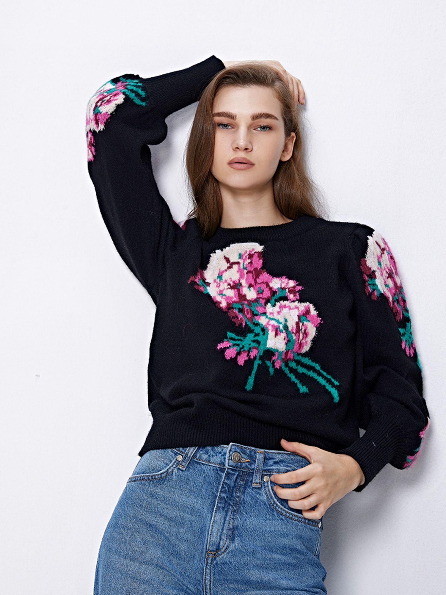black floral full sleeves round neck sweater