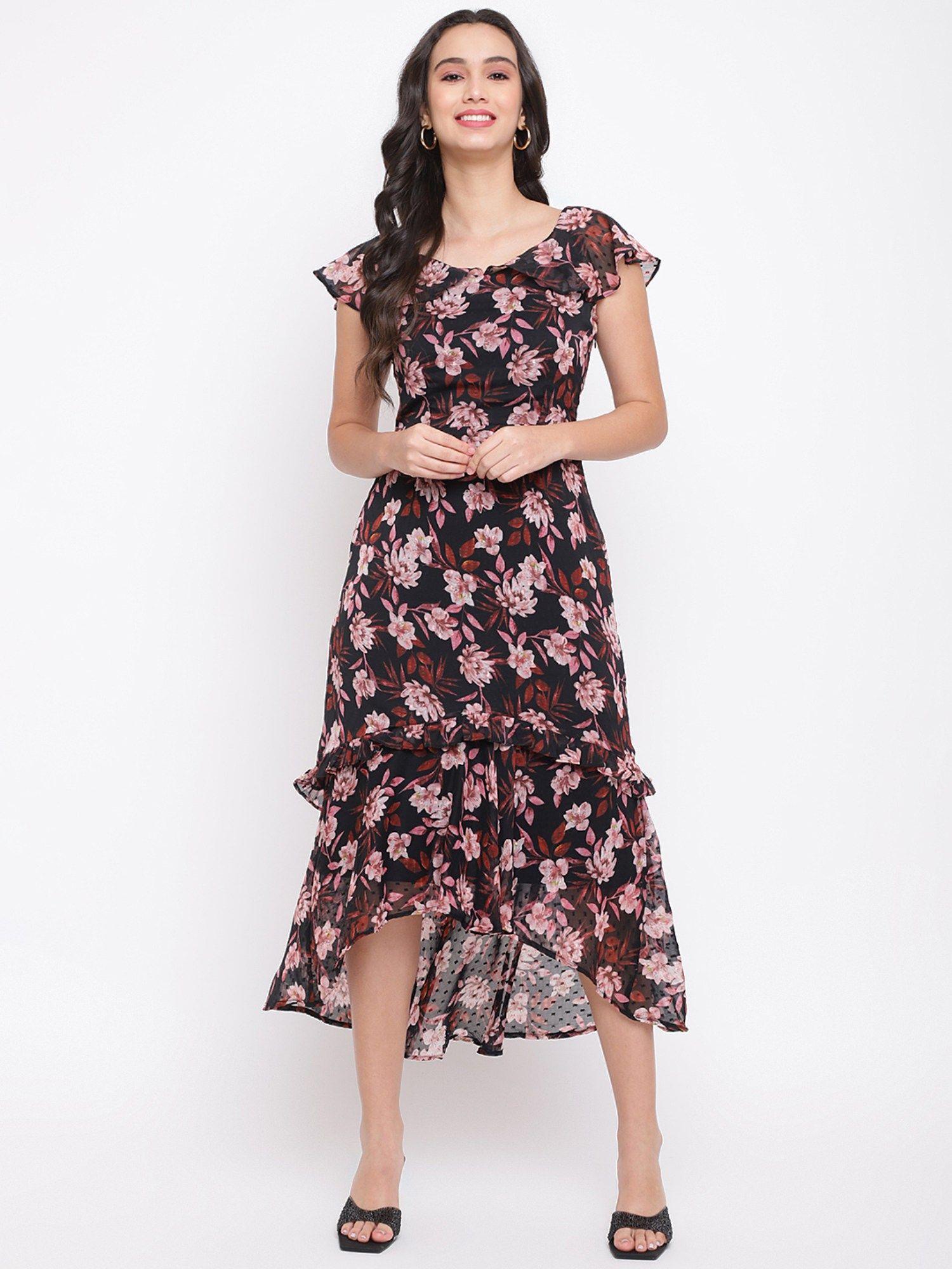 black floral print a-line dress with ruffles
