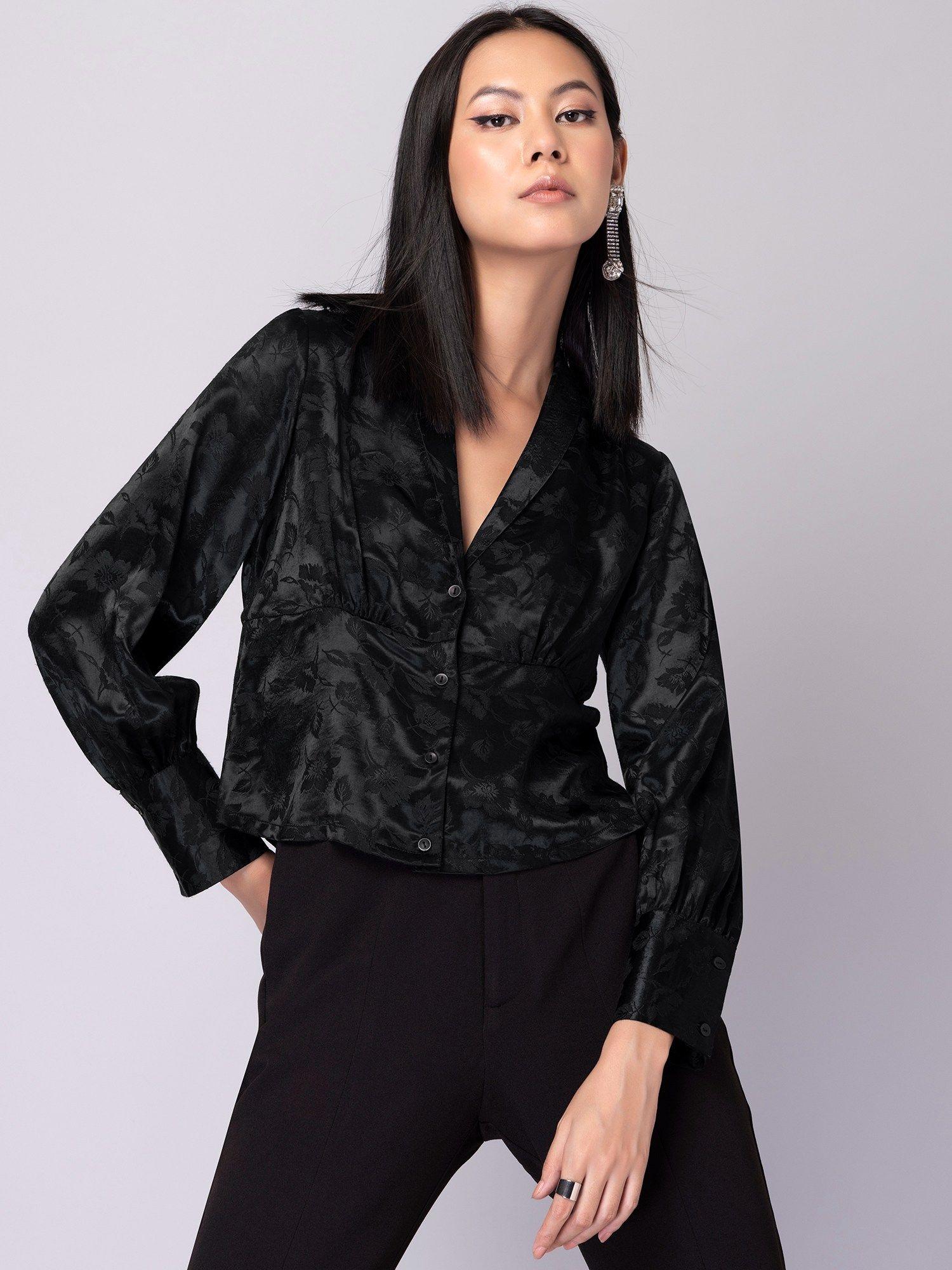 black floral self design collared satin blouse