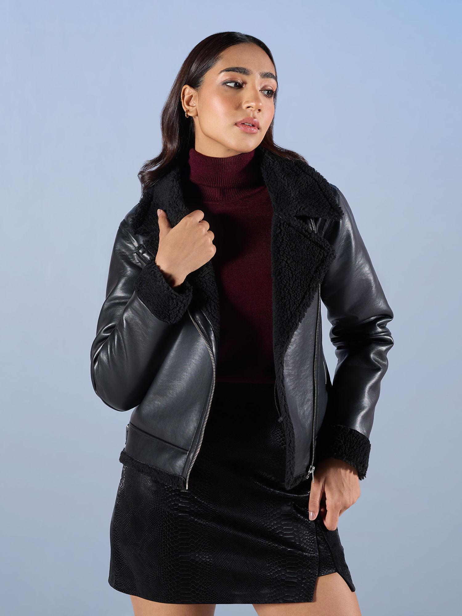 black full sleeves fur leather biker jacket