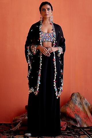 black georgette coins embroidered cape set