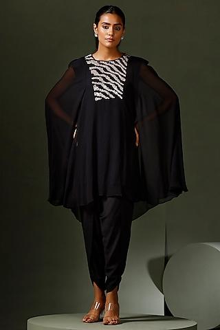 black georgette hand embellished cape set