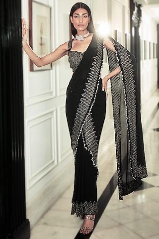 black georgette metallic sequin embroidered pre-stitched saree set