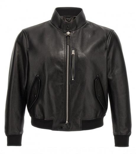 black grainy leather bomber jacket