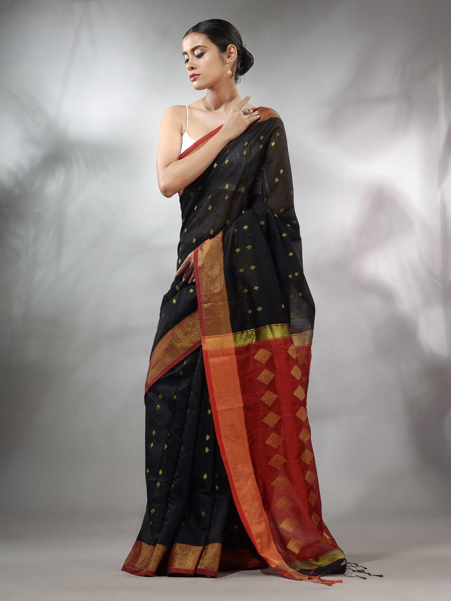 black handwoven cotton silk saree with geometric designs & unstitched blouse